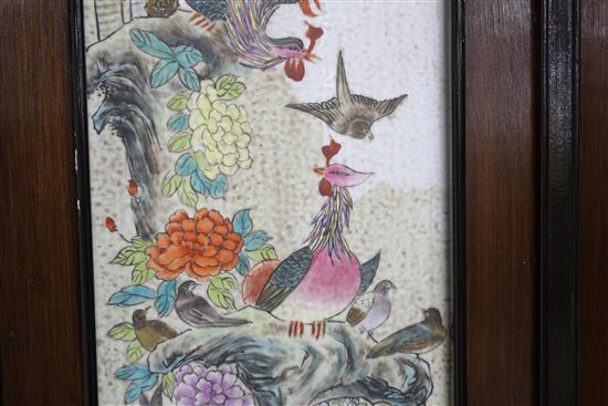 A pair of Chinese porcelain panels, painted with birds and inscribed, 73cm x 18cm